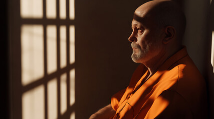 Portrait of an older man, in an orange jumpsuit, sitting against a wall with sunlight shining through barred window creating a shadow. He looks introspective and pensive.