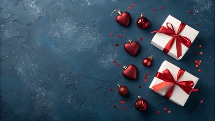 Romantic valentine s day gifts and heart ornaments on a dark blue background