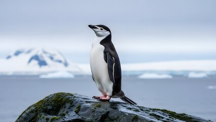 Chinstrap penguin stands proudly on a mossy rock overlooking an icy ocean and snowy mountains