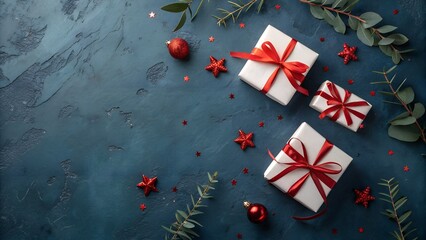 Festive christmas gifts with red ribbons on a dark blue background