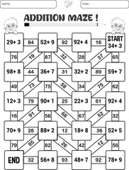Addition maze puzzle game worksheet for child