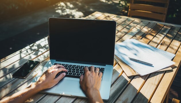 Digital Workspace under sunlight: A person's hands diligently navigate the keyboard of an open laptop, situated on a wooden table outdoors, accompanied by a smartphone, pen and paper.