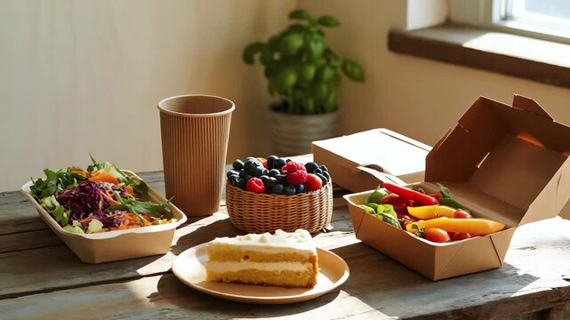 Cinematic Video of Biodegradable Food Containers with Fresh Meals on Rustic Wooden Table