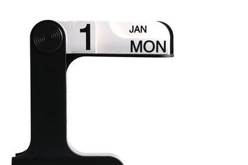 Black and white desktop calendar with date Monday, January 1st. On white background.