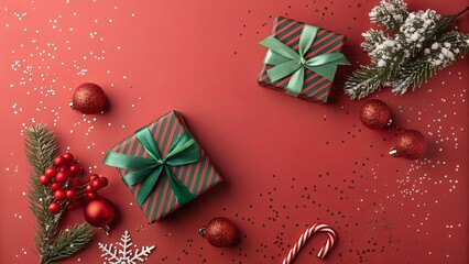 Festive christmas gift boxes and decorations on red background with glitter