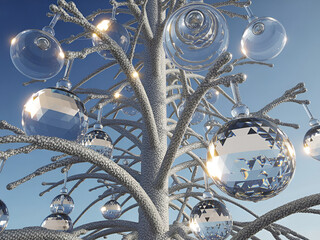 A Christmas tree with sunny, crystal-clear bells and balls hanging from a branch.
v.2.5