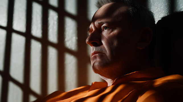 Solitary Reflections: A man in confinement, framed by shadows of prison bars, reflects on his circumstances in an orange jumpsuit. The bars cast a stark shadow, highlighting his isolation.