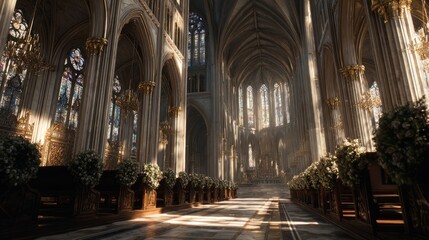 A wide, cinematic view of a majestic cathedral interior, sunlight streaming through stained-glass windows onto massive wreaths,