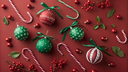 Festive christmas arrangement of ornaments candy canes and berries on red