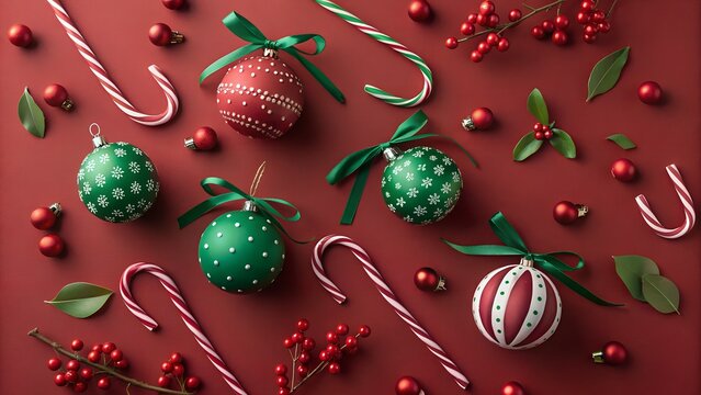 Festive christmas arrangement of ornaments candy canes and berries on red