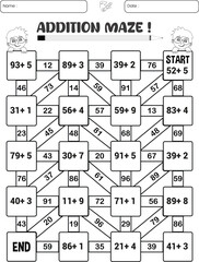 Addition maze puzzle game worksheet for child