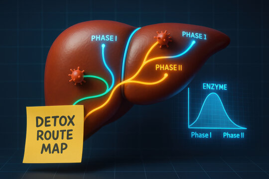 Scientific liver model showing detox route map. Glowing pathways illustrate phase one and phase two detoxification of toxin with an enzyme hologram curve for medical education