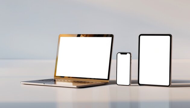 Digital Trio: A sleek laptop, smartphone, and tablet stand in a minimalist composition, showcasing modern technology and connectivity.