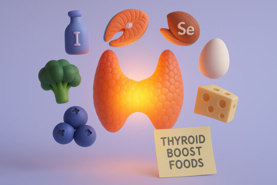 Healthy glowing thyroid gland surrounded by food rich in iodine and selenium. nutritional concept for hormone balance, diet, wellness, and metabolic health on soft blue background