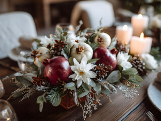 Festive holiday bouquet featuring pomegranates, dried apples, star anise, pinecones, and eucalyptus, glowing under soft candlelight on a rustic wooden table	