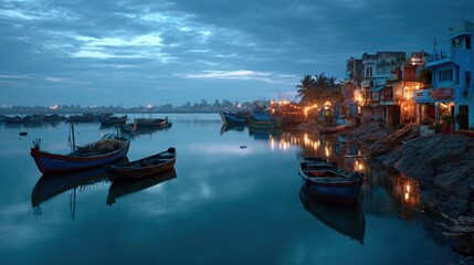 A wide shot of a coastal fishing village at dawn, the small boats in the harbor minimally decorated with fishing nets and small lights,
