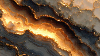 A luxurious abstract art piece featuring shimmering gold streams interwoven with deep grey and white marbling, creating an opulent, flowing texture.