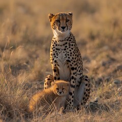 Fototapeta premium A cheetah mother with one cub in savanna grassland at sunset