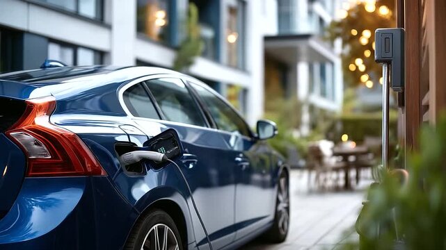 Generic electric vehicle EV hybrid car being charged from wallbox on contemporary modern residential building house home charging infrastructure sustainable living with copy spa