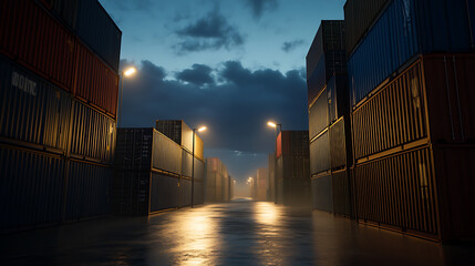 Evening descends on a shipping container yard, rows of containers illuminated by streetlights under a dramatic sky. The wet ground reflects the ambient glow, creating a stark landscape.