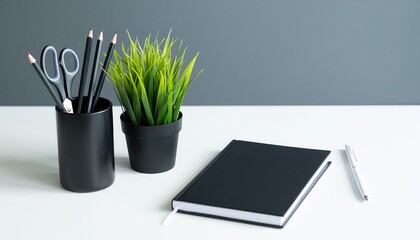 Workspace Setup: A minimalist workspace setup featuring sleek black accessories, a notebook, pencils, pen, scissors and a decorative plant, creating a harmonious blend of functionality and style.
