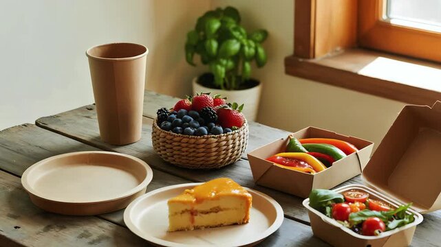 Cinematic Video of Biodegradable Food Containers with Fresh Meals on Rustic Wooden Table