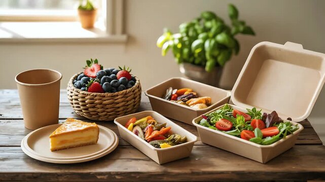 Cinematic Video of Biodegradable Food Containers with Fresh Meals on Rustic Wooden Table