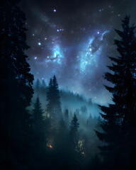 Fototapeta premium Mystical night sky with vibrant nebulae illuminating a misty, dark forest.