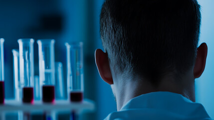 A scientist is analyzing blood samples in test tubes in a sterile laboratory. The dark red of the samples is stark against the laboratory's cool blue tones. Modern science meets health.