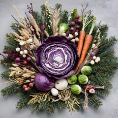 Creative holiday arrangement of red cabbage, purple carrots, and Brussels sprouts, combined with evergreen branches, dried flowers, and berries for a cozy festive display