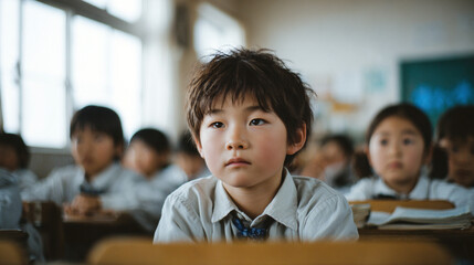 Thoughtful elementary school child listening in classroom with classmates in soft focus