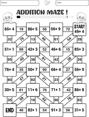 Addition maze puzzle game worksheet for child