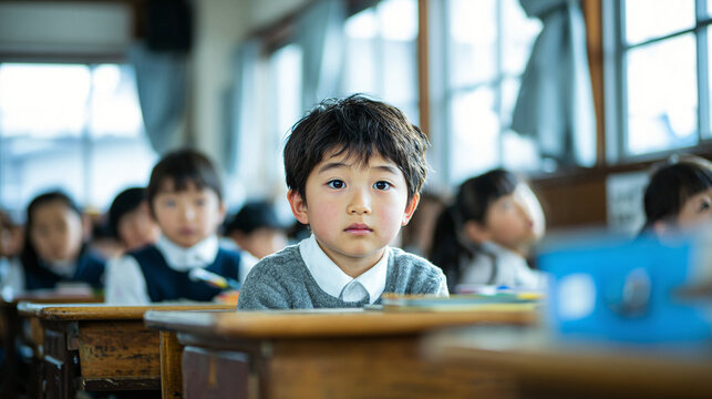 Thoughtful elementary school boy sitting at wooden desk in bright classroom with classmates in background