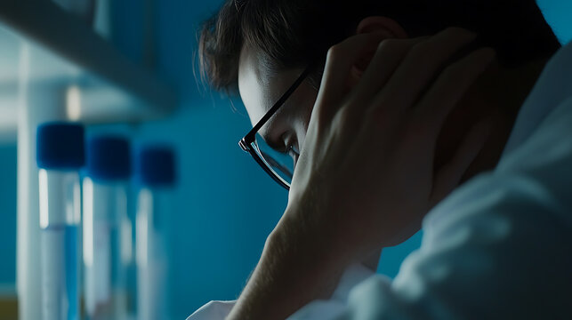 A tired scientist with glasses rubbing his head, looks stressed and concerned, set in a modern laboratory environment filled with test tubes and equipment.