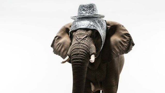 elephant wearing a tinfoil hat, paranoid, paranoia, on a white background, animal photo