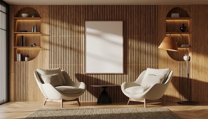 Serene Interior: A cozy living room exudes warmth with wooden paneling, inviting armchairs, and a minimalist design. A blank canvas on the wall awaits personalization.