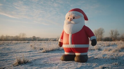 A wide shot of a snowy field with a single large, illuminated inflatable Santa figure standing alone, humorously out of context,