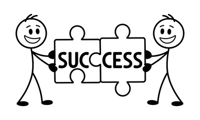 Two happy stick figures connect puzzle pieces forming the word 'Success', symbolizing teamwork and achievement.