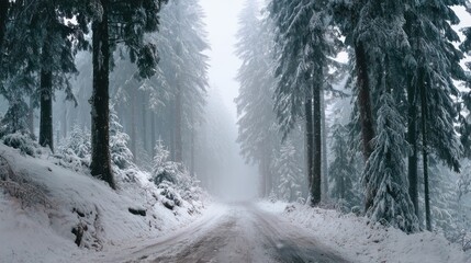 A wide shot of a snowy, misty forest road disappearing into the distance, framed by large, decorated pine trees on either side,