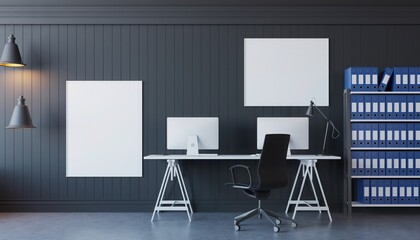 Minimalist Workspace: A contemporary office space featuring sleek design elements, a minimalist desk, modern lighting, and a well-organized storage unit.