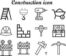 construction icons set line art vector design. vector art of ladder, hammer, safety helmet, drill etc