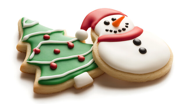 Delightful Christmas-themed cookies – a festive snowman and Christmas tree, exquisitely decorated with vibrant icing, ready to sweeten the holiday season with joy and cheer! - Powered by Adobe