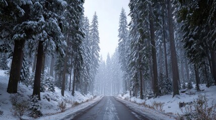 A wide shot of a snowy, misty forest road disappearing into the distance, framed by large, decorated pine trees on either side,