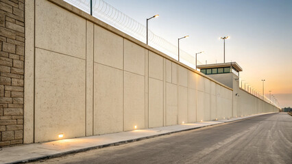 Prison security wall with barbed wire and guard tower architecture design
