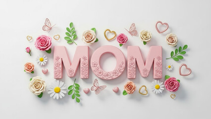 Happy mothers day floral design with pink mom letters and flower decorations
