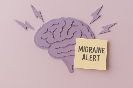Papercut brain silhouette with lightning bolts symbolizing intense pain and stress from headache. yellow sticky note shows migraine alert for health condition - Powered by Adobe