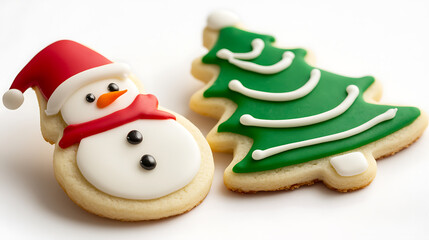 Fototapeta premium Festive holiday cookies featuring a cheerful snowman with a red hat and scarf, alongside a classic green Christmas tree decorated with white icing garlands, perfect for a sweet celebration.