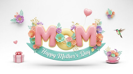 Obraz premium Happy mother's day card template with mom text and floral decorations design
