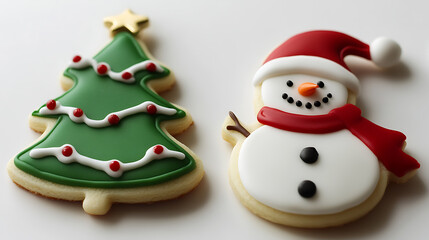 Festive holiday spirit abounds with charming Christmas tree and cheerful snowman cookies. Delicious treats that bring joy and sweetness to the holiday season.