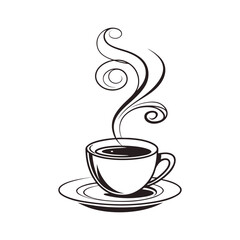 Hand drawn sketch of a steaming cup of coffee on a saucer